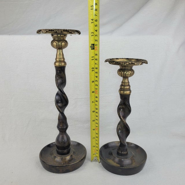 Pair of Vintage Maitland Smith Barley Twist Bronze and Brass Candlestick Holders Set 2 For Sale - Image 6 of 8