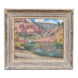 Joane Cromwell "Oak Creek Canyon" Arizona Landscape Painting With Vintage White Frame 1950's For Sale