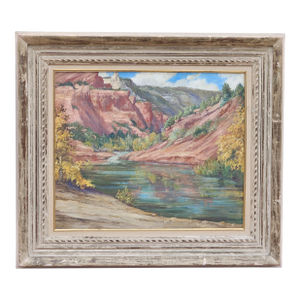 Joane Cromwell "Oak Creek Canyon" Arizona Landscape Painting With Vintage White Frame 1950's