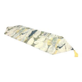 Groundworks Blue Yellow Aqua Seafoam Green Abstract Linen Table Runner For Sale