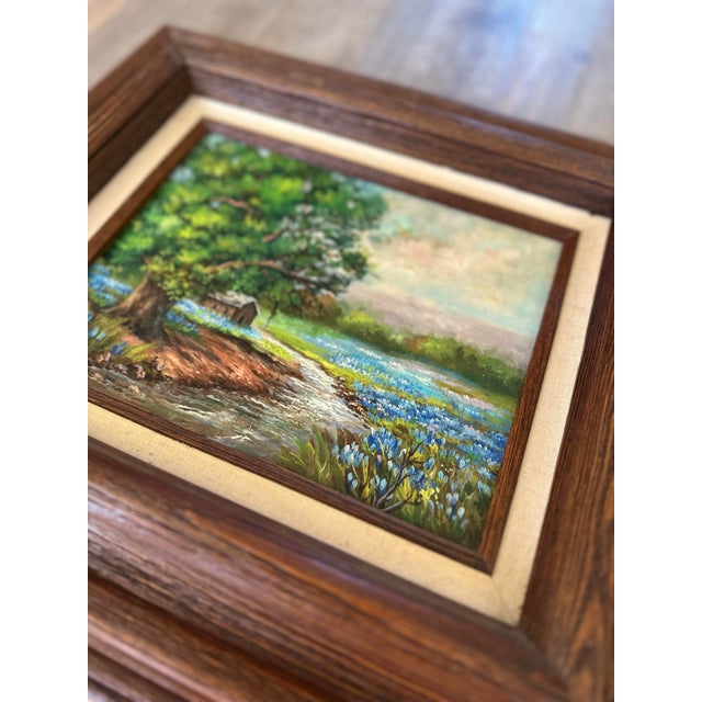Vintage Texas Bluebonnets Landscape Oil Painting in Wood Frame – Signed For Sale - Image 4 of 10