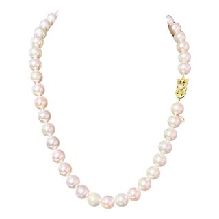 1990s Mikimoto Estate Akoya Pearl Necklace 18" 18k Y Gold 10 mm Certified For Sale