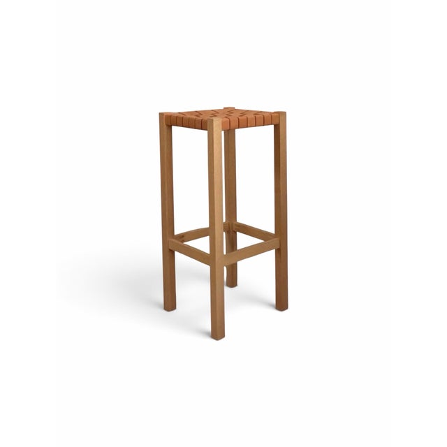 Contemporary Pair of Oak and Woven Leather Bar Stools For Sale - Image 3 of 8