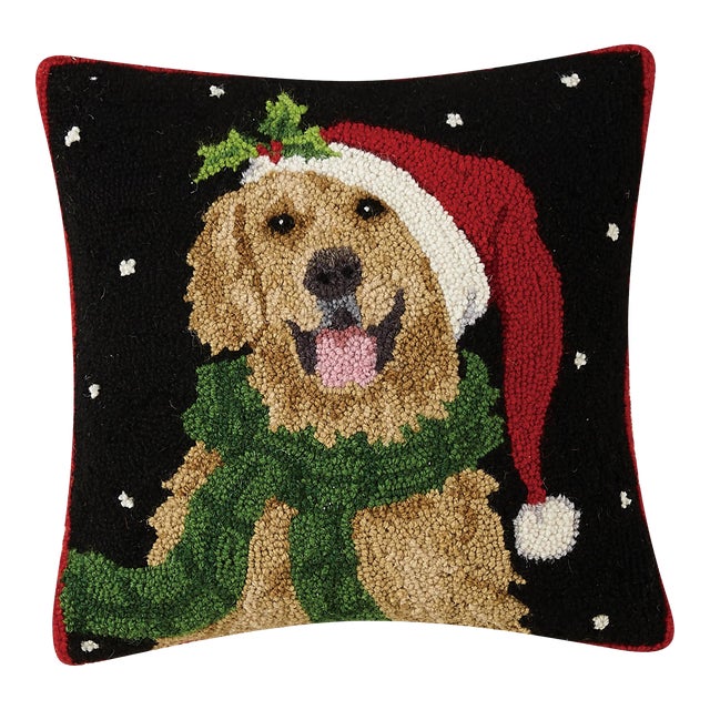 Santa Golden Retriever Hook Pillow 16" x 16" For Sale