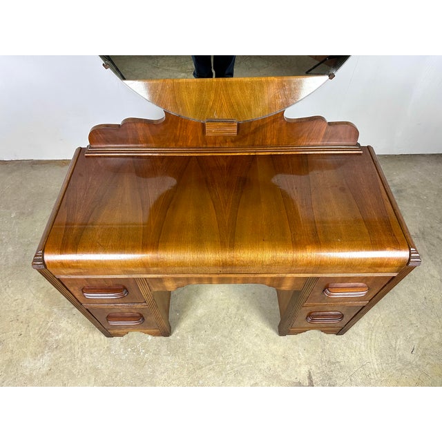 1940’s Art Deco Waterfall Vanity With Round Mirror by b Furniture