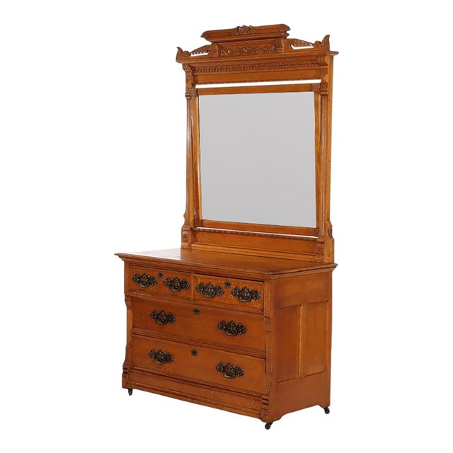 Antique Rj Horner Eastlake Carved Original Golden Oak 4-Drawer Mirrored Dresser For Sale