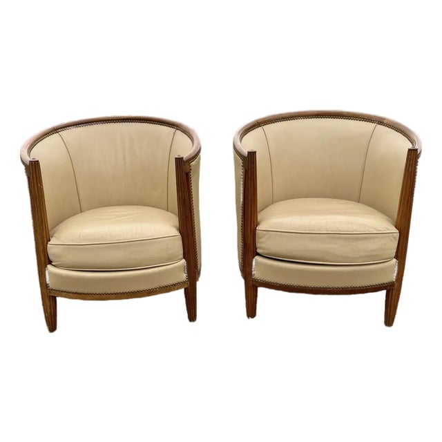 1940s French Art Deco Leather Solid Mahogany Barrel Back Club Chairs - A Pair For Sale