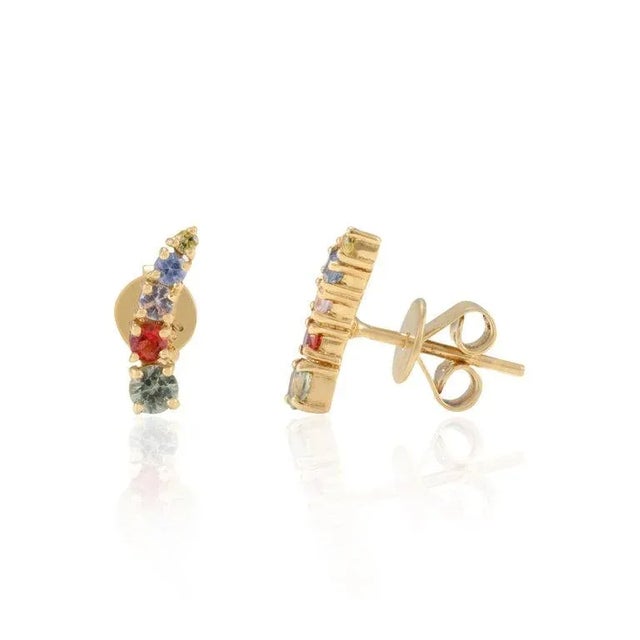 This is part of Chairish’s Fine Jewelry assortment. Minimalist Multi Gemstone Pushback Climber Stud Earrings in 18K Gold...
