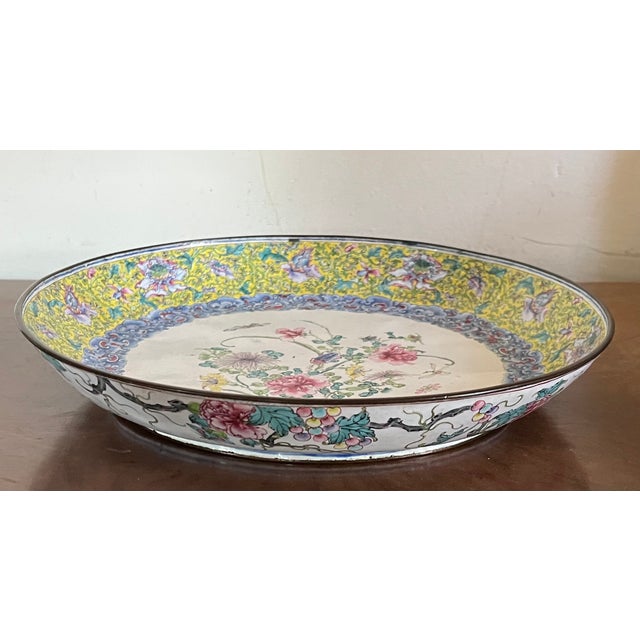 Antique 18th C. Chinese Qianlong Period (1736 - 1795) Canton Dish Painted Enamel on Copper With Flowers, Cricket and Bat For Sale - Image 13 of 13