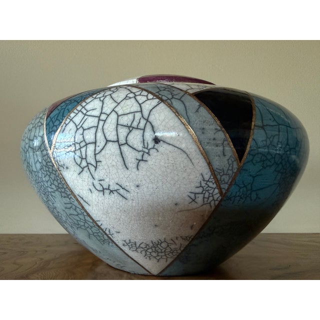 1998 Postmodern Mindy Brunn Handmade Geometric Signed and Dated Raku Ceramic 10" Centerpiece Lidded Vessel / Art Pottery For Sale - Image 11 of 18