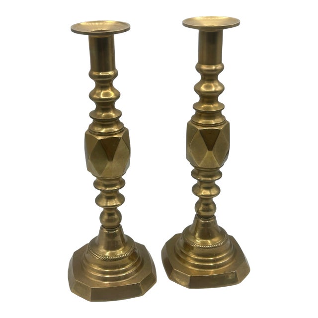Late 19th Century English "King of Diamond" Brass Candlesticks, 1897 Queen Victoria Diamond Jubilee – Pair For Sale