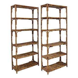 Pair Vintage Bamboo & Rattan Shelves For Sale