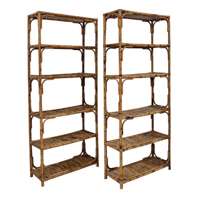 Pair Vintage Bamboo & Rattan Shelves For Sale