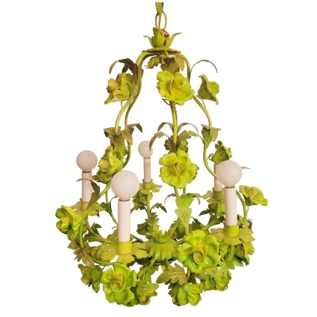 Vintage Tole Chinoiserie Italian Painted Lime Pale Green Rose 5 Light Chandelier For Sale In West Palm - Image 6 of 10