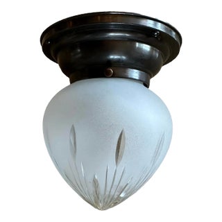 Wheat Pattern Wheelcut Frosted Glass Shade on Dark Bronze Patina Flushmount Holder, Circa 1920 For Sale