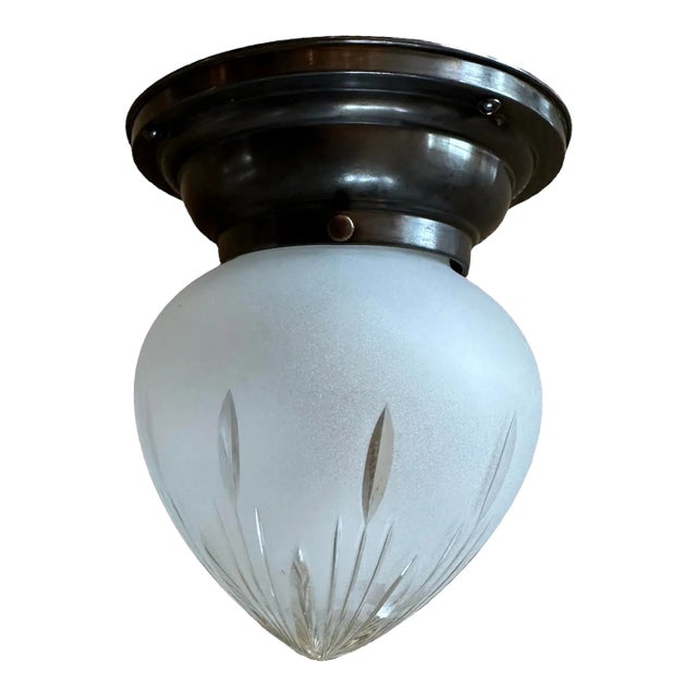 Wheat Pattern Wheelcut Frosted Glass Shade on Dark Bronze Patina Flushmount Holder, Circa 1920 For Sale