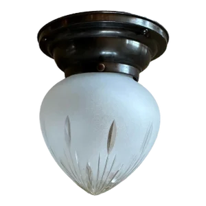 Wheat Pattern Wheelcut Frosted Glass Shade on Dark Bronze Patina Flushmount Holder, Circa 1920