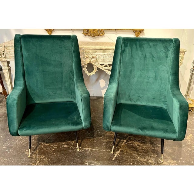 Green Pair of Italian Green Velvet Mid Century Modern Chairs For Sale - Image 8 of 8