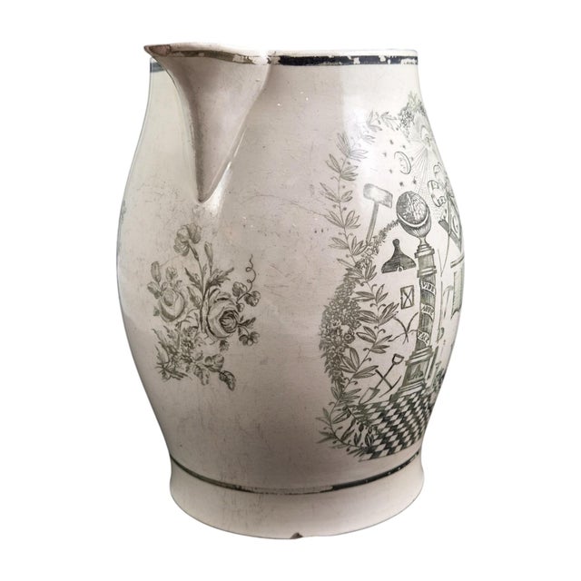 Hollywood Regency Olive-Green Transferware Masonic Creamware Jug from Staffordshire, 1800s For Sale - Image 3 of 12