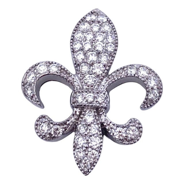 Vintage 18k White Gold Fleur-De-Lis Diamond Pendant For Sale