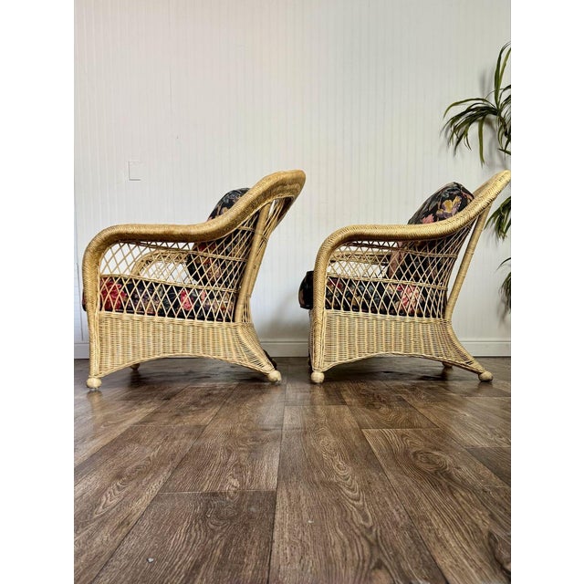 Late 20th Century Pair Vintage Wicker Lounge Chairs W/ Floral Cushions For Sale - Image 5 of 12
