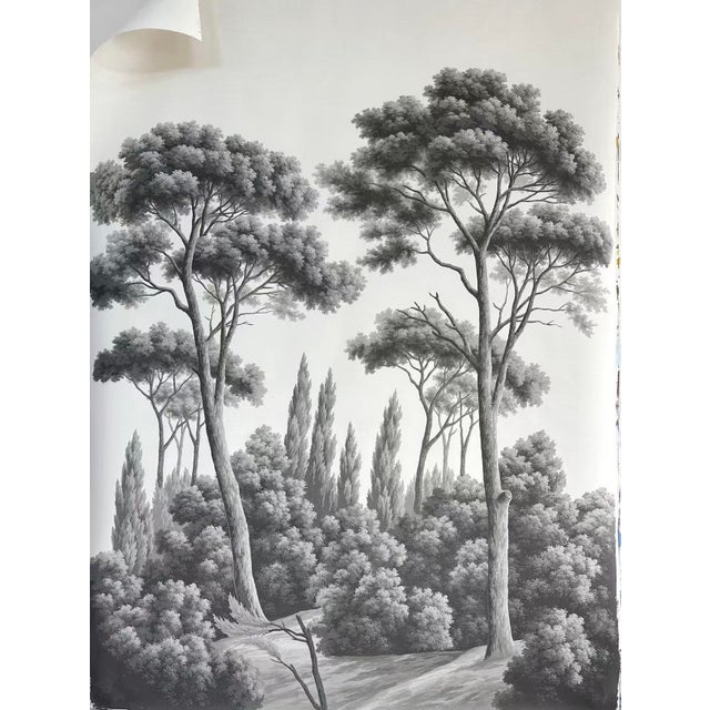 Tuscan 36" * H96" * 2ps, Hand-Painted Vintage Greyscale Pine Tree Scenic Wall Mural, Tuscan Forest Landscape Wall Decor For Sale - Image 3 of 4