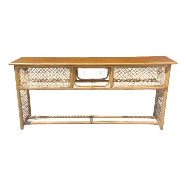 Vintage Rattan Console Sofa Table Woven Trellis Design For Sale