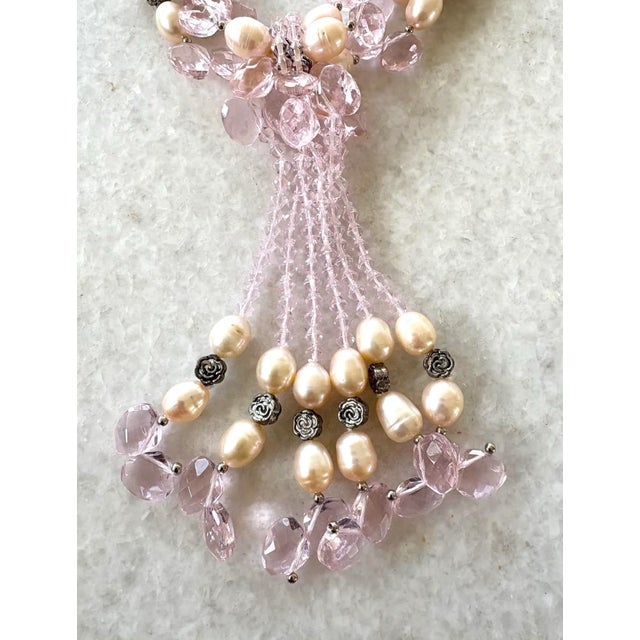 Contemporary 1980s Freshwater Pearl and Pink Crystal Beaded Necklace With Silver Accents- 20" For Sale - Image 3 of 3