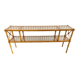 Vintage Tiered Burlwood Faux Bamboo Sofa Table For Sale