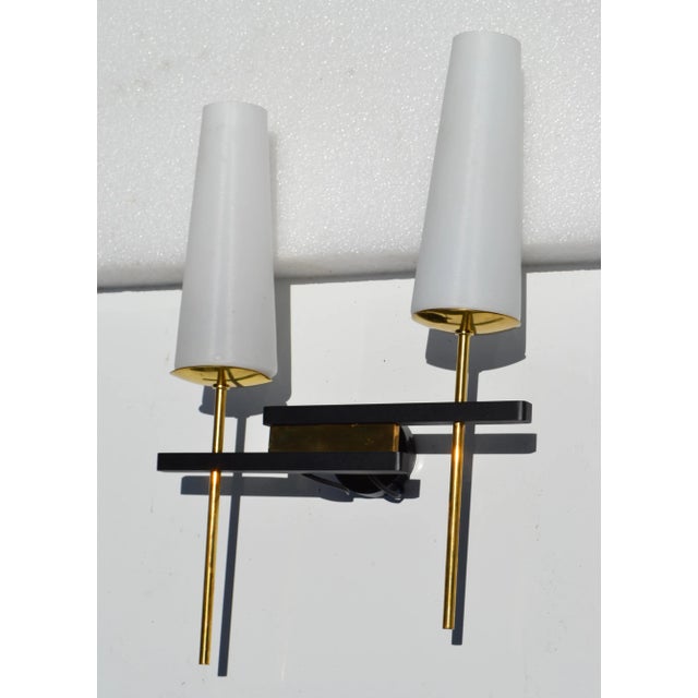 Maison Arlus Pair of Sconces Brass, Steel & Blown Opaline Shades France 1955 For Sale - Image 10 of 11