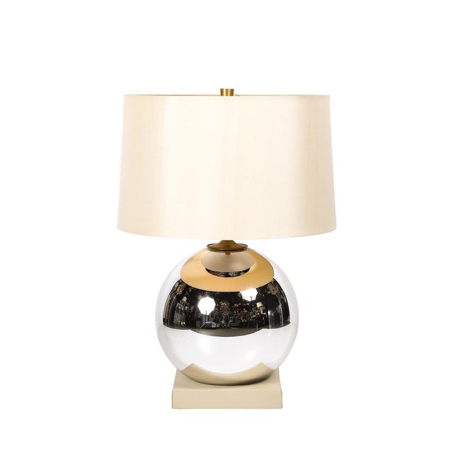 Modern Modernist Mercury Glass Table Lamps With Leather Wrapped Bases by Lorin Marsh For Sale - Image 3 of 17