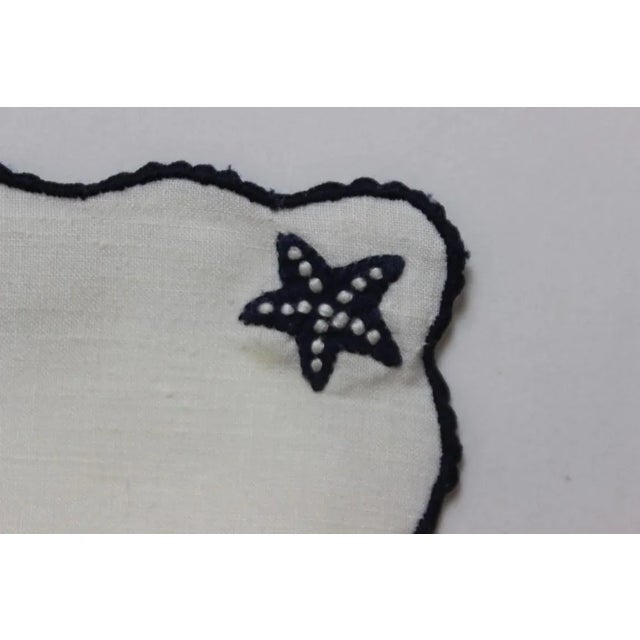 Set of 6 Vintage Madeira Linen Navy Seahorses & Starfish Cocktail Napkins For Sale - Image 4 of 4