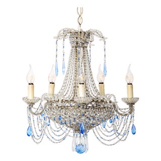 19th Century Italian Beaded Chandelier with Sapphire Blue Drops For Sale