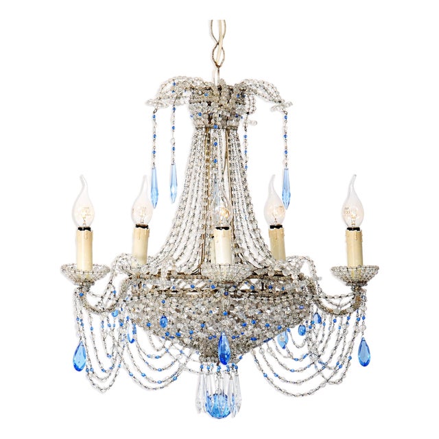 19th Century Italian Beaded Chandelier with Sapphire Blue Drops For Sale