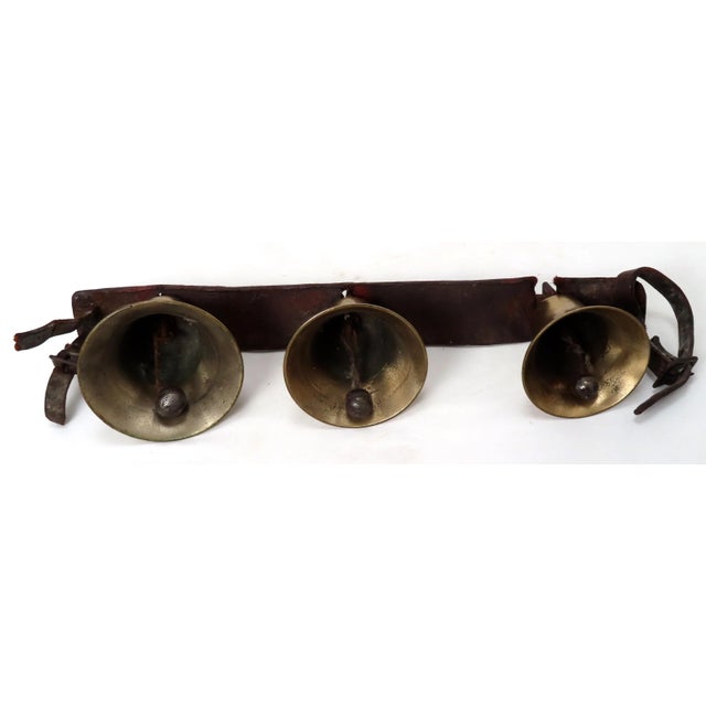 Nice Original Set of 3 Antique American Leather & Brass Horse Drawn Snow Sleigh & Buggy Bells For Sale - Image 4 of 13