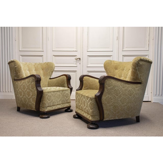 Vintage Swedish Wingback Chairs with Golden Velvet and Carved Oak Armrests, 1920s, Set of 2 For Sale - Image 11 of 11