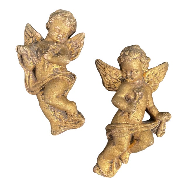 19th Century Gilt Plaster Gesso Cherub Wall Sculptures - a Pair For Sale