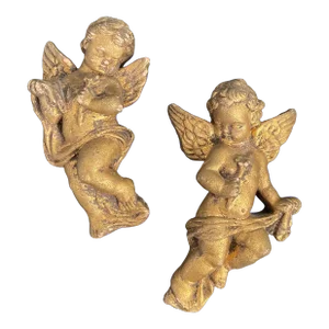 19th Century Gilt Plaster Gesso Cherub Wall Sculptures - a Pair