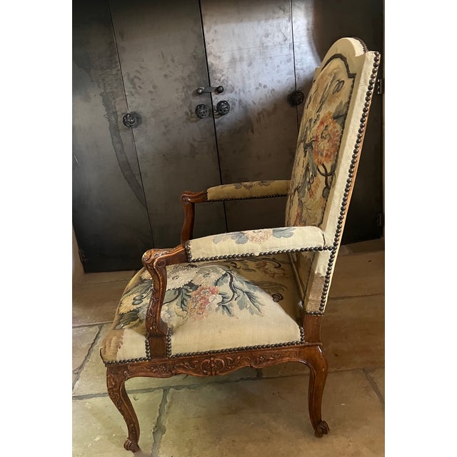Beige 9th Century French Louis XV-style Armchair With Floral Needlepoint Tapestry For Sale - Image 8 of 15