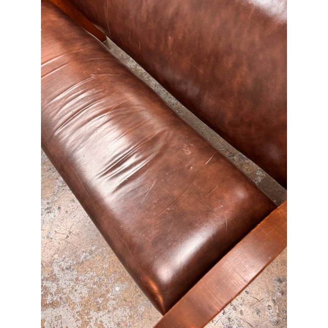Antique High-Back Oak + Leather Settle Bench For Sale - Image 4 of 12