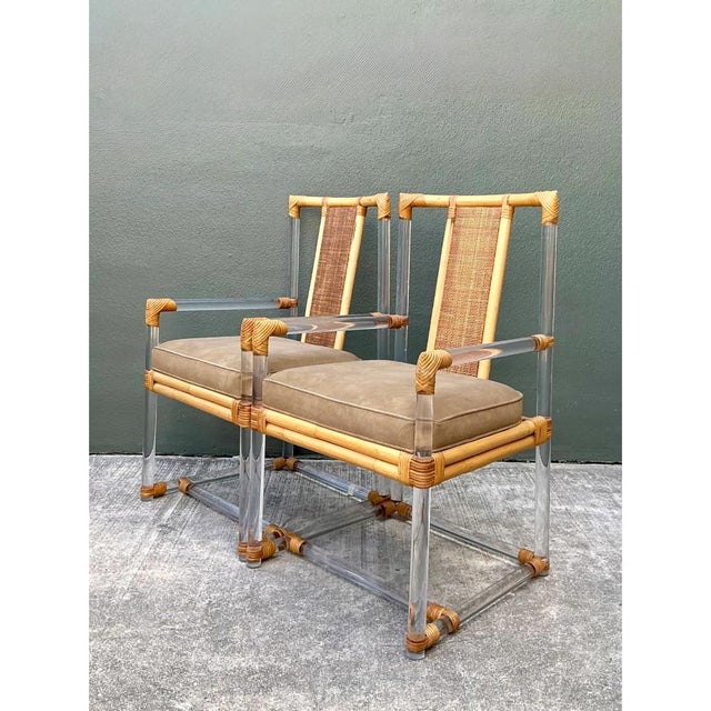 Vintage Four Seasons Lucite and Rattan Armchairs - Pair For Sale - Image 9 of 12