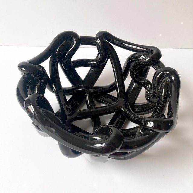Postmodern 1980s Postmodern Black Ceramic Braided Woven Abstract Centerpiece Bowl For Sale - Image 3 of 7