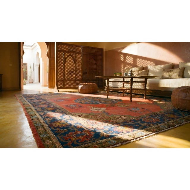 Decorative Turkish Antique Oushak Rug on a Red-Raspberry Background Color With Medallion Pattern For Sale - Image 13 of 15