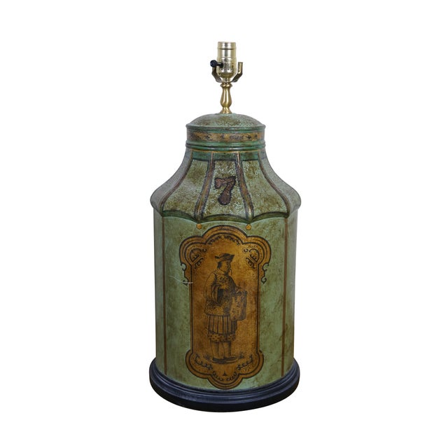 Chinoiserie Late 20th Century Chinese Chinoiserie Green Gilt Toleware Tea Canister Caddy Banquet Lamps - a Pair For Sale - Image 3 of 18