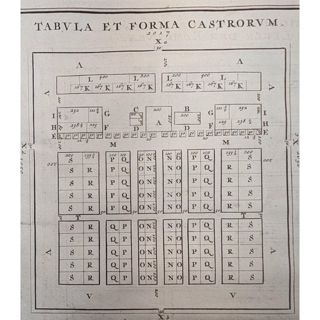 This finely engraved plate presents an intricate grid-based camp layout, rendered with the precision of an architectural...