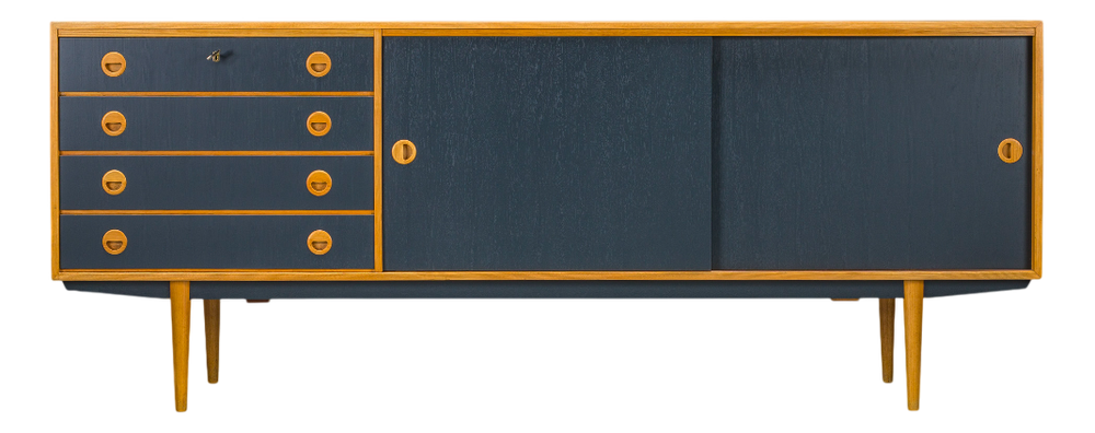 Sideboard with blue doors and pine wood legs.