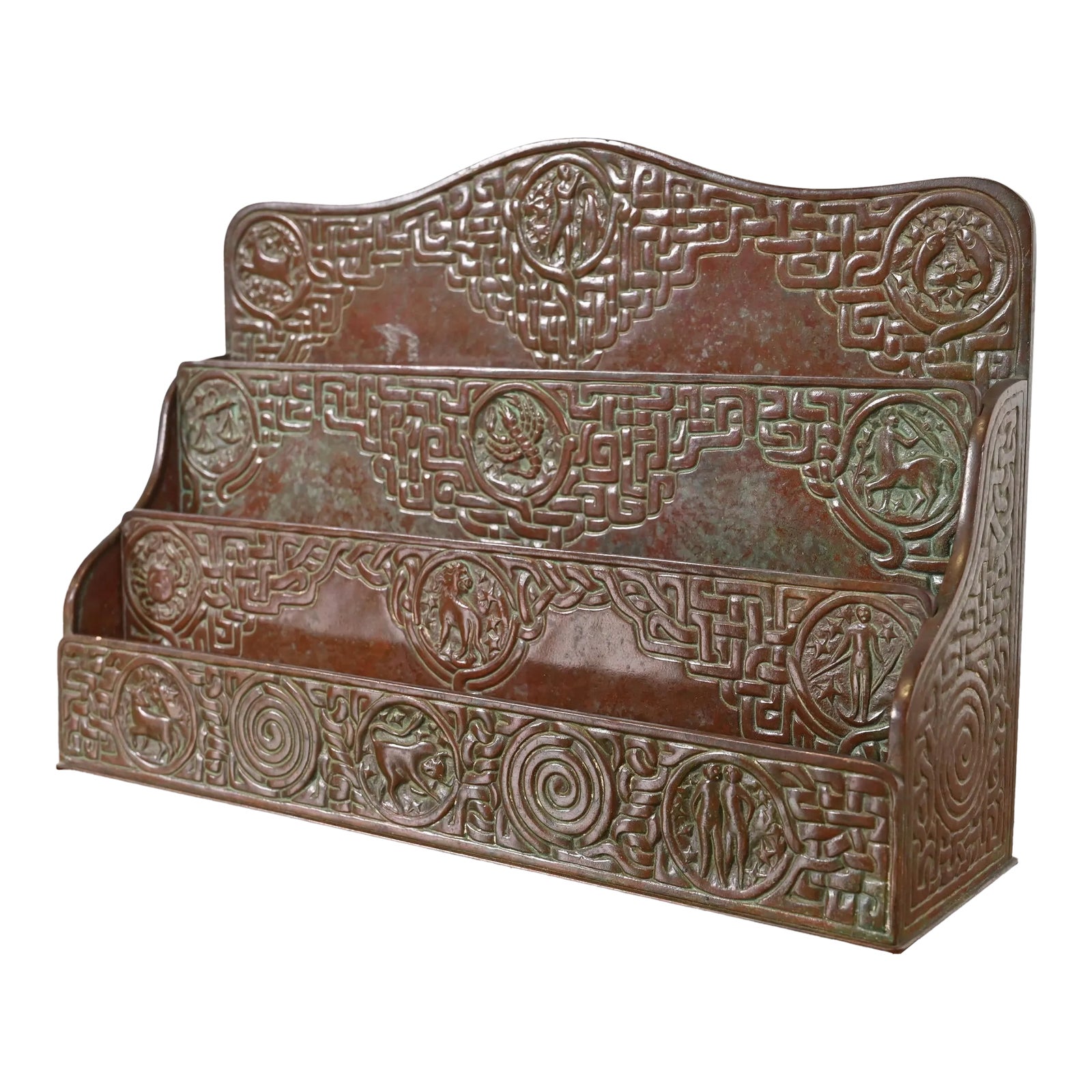 Tiffany Studios New York Zodiac Pattern Bronze Letter Rack | Chairish