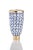 A tall, slender, stately vase accented with a crisp blue & white geometric pattern and trimmed in gold, makes a statement...