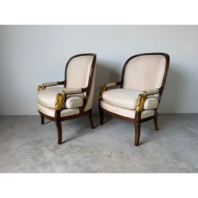Vintage French Empire Style Swan Armchairs With Gilded Carved Arms – A Pair For Sale - Image 4 of 12