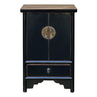 Oriental Distressed Black Medallion Hardware End Table Nightstand For Sale